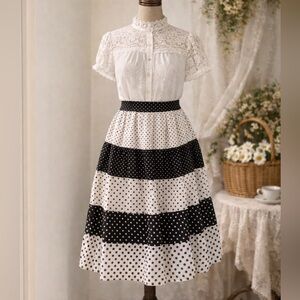 Vintage Polka Dot Black and White, Tiered Cotton Skirt